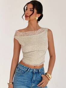 Firerie Women's Off Shoulder Ribbed Lace Trim Cropped Shirt Beige Lace Summer Seksi Chic Sexy Night Out Day Party Holiday One Shoulder Fitted Top Patchwork - Apricot - View 11