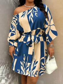 Weeklong Plus Size Casual Vacation Style All-Over Print Asymmetric Collar Dress - Multicolor - View 3