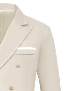 Manfinity Mode Conjunto de traje de hombre beige claro con solapa de muesca y doble botonadura, tejido de sarga, traje formal de verano para boda para hombres, estilo vintage de dinero antiguo, regalo de cumpleaños, fiesta, ceremonia - Beis - Ver 4