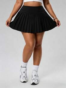 Rhythm Era Falda pantalón deportiva casual con bolsillos y pliegues de unicolor para mujer de talla grande - Negro - Ver 5