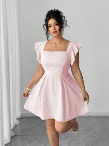 Elenzga Plus Size Women's Elegant Vacation Style Solid Color Jacquard Ruffle Armhole Waist Cinched Dress, Summer Pink Hot Pink - Pink - View 9