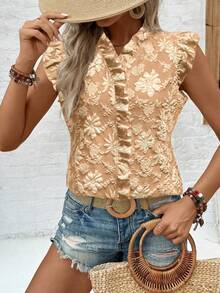 EMERY ROSE Lässige Urlaubs- und Alltagsbluse für Frauen mit Rüschenärmeln, Schleife und Blume Muster in Apricot - Orange - Übersicht 3