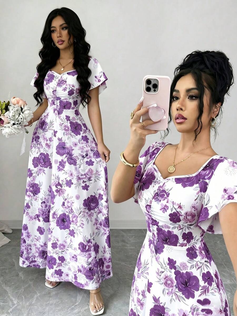 SHEIN Elenzya 女款玫瑰碎花紫色與白色花卉夏季優雅浪漫派對花園派對度假抽褶前襟荷葉袖A字洋裝婚禮 - 彩色 - 查看 1
