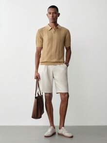 Manfinity Homme 休闲简约商务通勤百搭短袖男士针织上衣男士棕色Polo衫男士棕褐色针织上衣 - 駝色 - 查看 4
