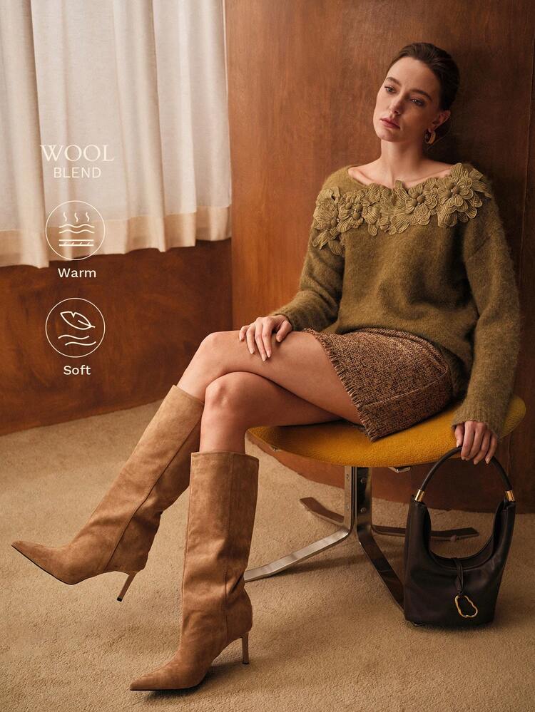 WOMEN'S MOCHA BROWN 3D FLORAL ELEGANT SWEATER, AUTUMN