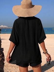 Swim Chiccia 女士沙滩度假休闲短袖纽扣衬衫 - 黑與白 - 查看 2