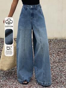 Livesso Jeans décontractés en coton décoratif pour femmes, avec ballons en ficelle et effet délavé - Bleu azur - Voir 1