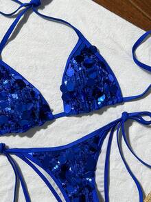 Swim Vcay Swim SXY 两件式泳衣，宝石蓝亮片纹理挂脖式文胸上衣和侧系带比基尼泳裤，性感比基尼套装，适合春夏日晒、度假、邮轮旅行、海滩休闲、扎金索斯岛度假等场合。 - 寶藍色 - 查看 4