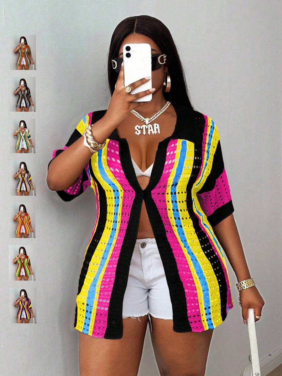 Maweii Áo khoác cardigan dệt kim cỡ lớn dành cho nữ, áo cardigan tay lửng, áo kiểu nữ cài nút màu trong suốt, kiểu dáng thông thường, áo gợi cảm dự tiệc, đi nghỉ mát, phong cách xuân hè, áo mùa hè kiểu cô gái nông thôn, trang phục mùa hè cho nữ, áo dự lễ hội, áo rave. - Nhiều màu - Xem 1