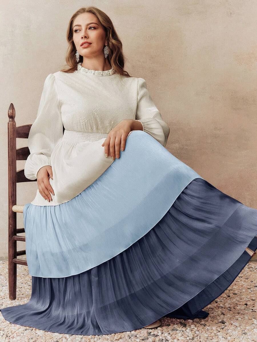 Anewsta Plus Size Women's Elegant Gradient Color Patchwork Dress ...