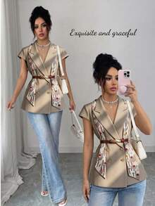 Elegant Romantic Minimalist Commuter Women's Blazer Jacket With Fabric Patchwork - Multicolor - View 3