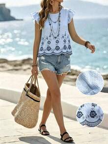 SHEIN Holidaya Women's White And Blue Floral Summer Boho Beach Vacation Holiday Gingham Ruffle Flutter Sleeve Top French Round Neck Embroidery Elegant Slim Shirt - Blue - View 1