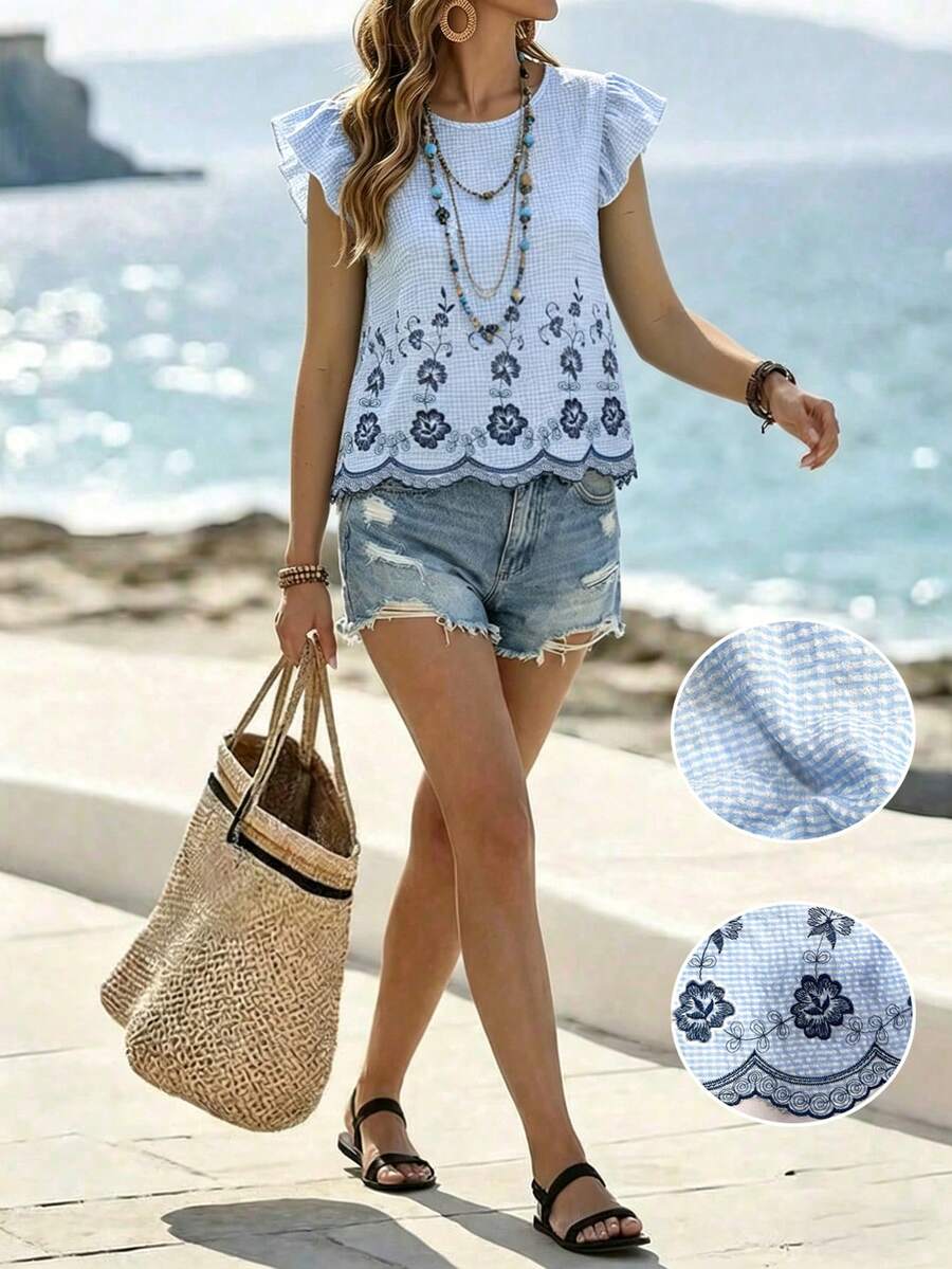 SHEIN Holidaya Women's White And Blue Floral Summer Boho Beach Vacation Holiday Gingham Ruffle Flutter Sleeve Top French Round Neck Embroidery Elegant Slim Shirt - Blue - View 1