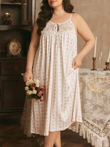 Côtesoire Plus Size Southern France Romantic Striped Floral Lace Camisole Nightgown - Multicolor - View 5