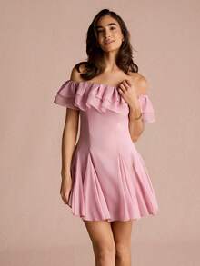 Enchnt Damen Off-Shoulder Rüschen-Lagen-Plissee-Kleid - Pink - Übersicht 8