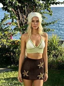 Swim SXY 2026 New Cross-Border Brown Single-Piece Knitted Sea Star Embellished Elegant Vacation Style Women's Swimsuit Skirt/ Starfish Skirt Brown Skirt Cover Up Bikini Cover Ups Skirt Brown Skirt For Beach - Brown - View 8