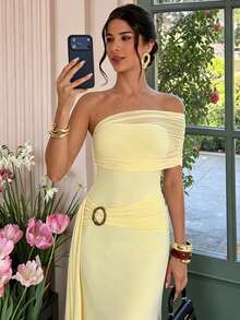 Firerie Đầm nữ thanh lịch cổ lệch với thắt lưng kim loại, thích hợp cho các dịp xuân/hè như đi làm, hẹn hò, dự tiệc, đám cưới, lễ tốt nghiệp, biểu diễn, công sở, tựu trường, sinh nhật, ngày lễ, phong cách boho, kỳ nghỉ, đi biển. - Vàng nhạt - Xem 6