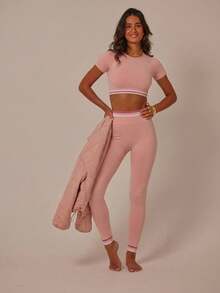 Aralina Women's Striped Raglan Short Sleeve Cropped T-Shirt And Leggings Sports Suit - Pink - View 8