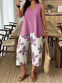Weeklong Conjunto informal de 2 piezas de talla grande con parches florales, estilo de vacaciones - Multicolor - Ver 1