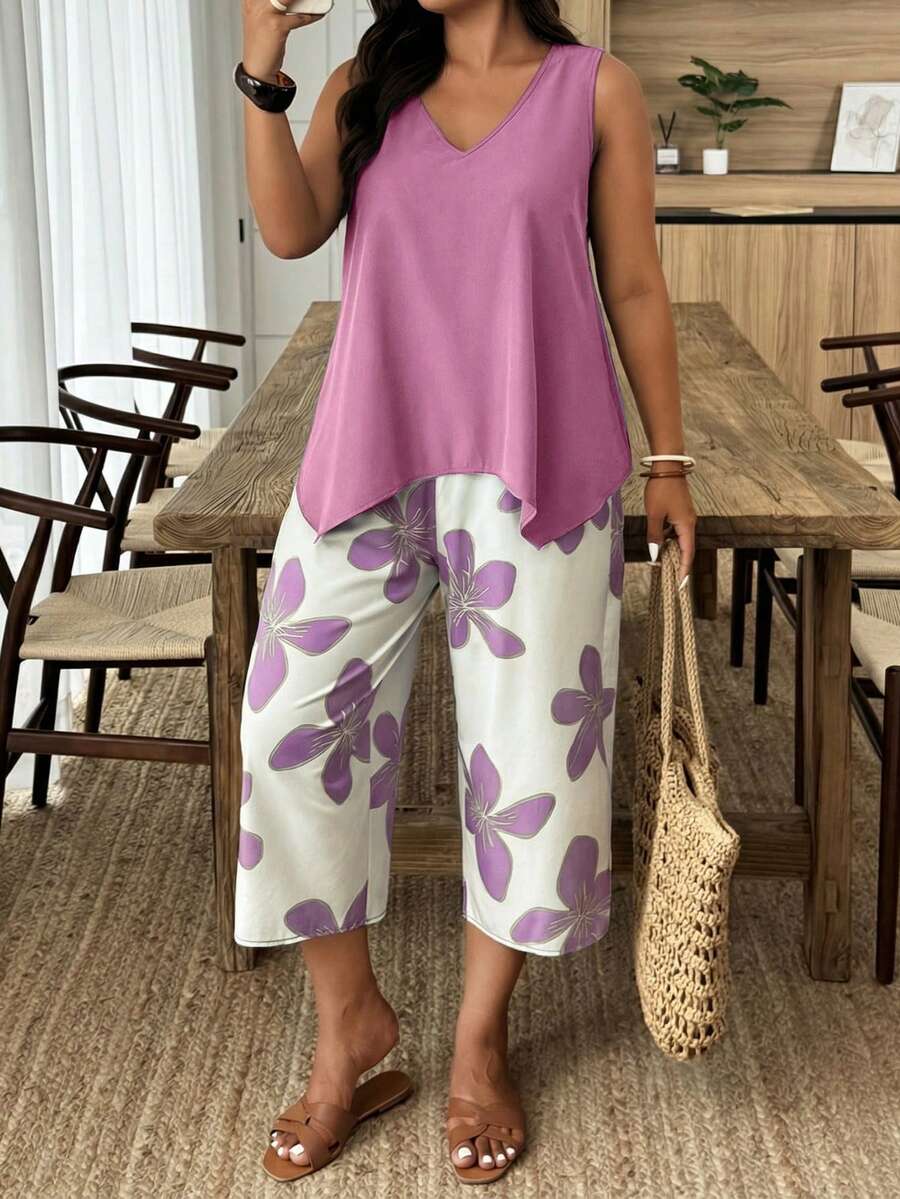 Weeklong Conjunto informal de 2 piezas de talla grande con parches florales, estilo de vacaciones - Multicolor - Ver 1