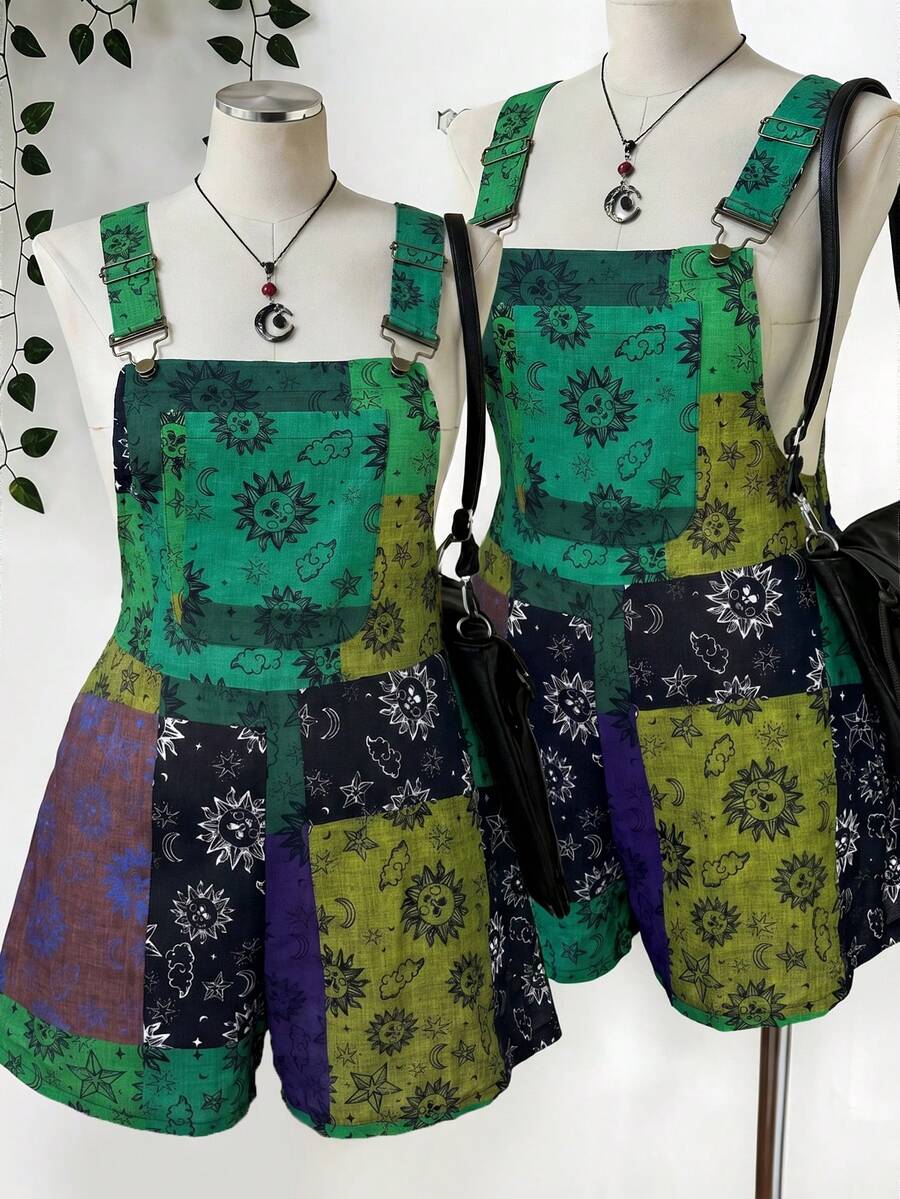 Sunspun Plus Size Women's Colorful Bohemian Suspender Pants, Summer - Green - View 1