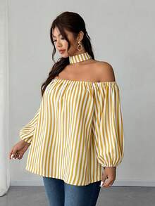 SHEIN Elenzya Áo kiểu trễ vai kẻ sọc cỡ lớn mới mùa hè, áo sơ mi trễ vai tay cánh hoa kiểu Pháp. - Màu vàng - Xem 6