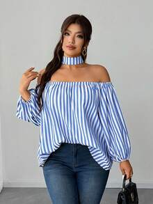 SHEIN Elenzya Áo kiểu trễ vai kẻ sọc mới mùa hè, áo sơ mi trễ vai tay cánh hoa kiểu Pháp Niche. - Màu xanh nhạt - Xem 1