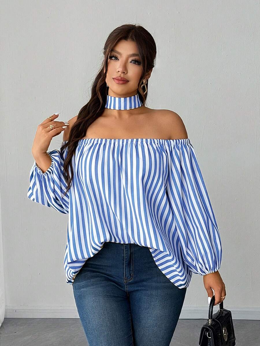 SHEIN Elenzya Áo kiểu trễ vai kẻ sọc mới mùa hè, áo sơ mi trễ vai tay cánh hoa kiểu Pháp Niche. - Màu xanh nhạt - Xem 1