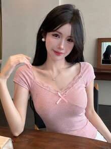 DAZY 女士休闲修身蕾丝拼接T恤，春夏款 - 粉色 - 查看 3