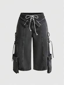 ROMWE Grunge Punk Music Festival Oversized Asymmetrical Low Waist Cargo Capri Jeans - Grey - View 1
