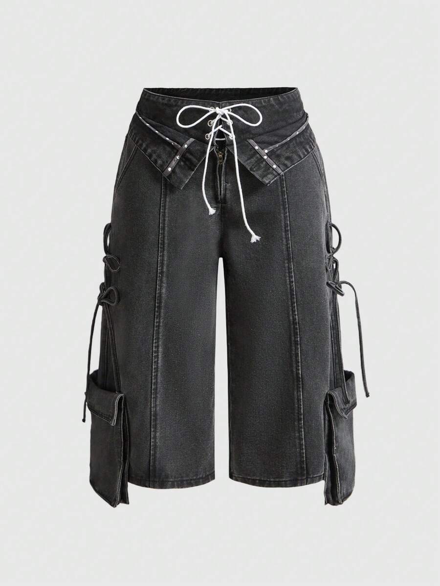 ROMWE Grunge Punk Music Festival Oversized Asymmetrical Low Waist Cargo Capri Jeans - Grey - View 1