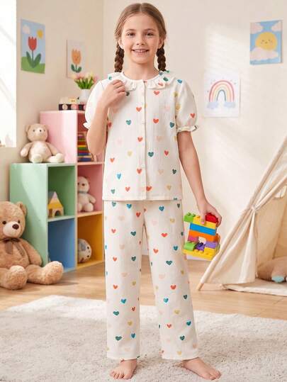 SHEIN Vintaside Kids Tween Girls' Loose, Casual Short-Sleeved And Long Pants Homewear Set In Apricot Color With Simple And Colorful Heart Pattern Print