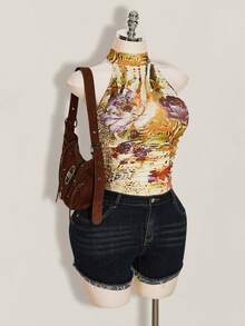 SHEIN ICON Plus Size Y2K 90s Summer Going Out Vacation Boho Western Country Concert Women's Sexy Backless Floral Print Halter Neck Top, Summer Beige - Yellow - View 8