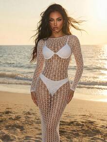 Vestido largo de manga larga romántico y hueco para mujer, nuevo 2026 - Blanco - Ver 7