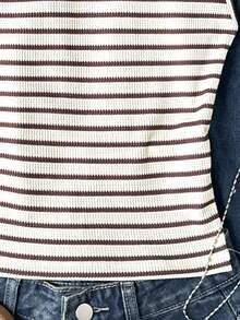 少女条纹针织休闲简约波点印花不对称褶皱短款上衣，适合春夏穿着，休闲个性风格，日常百搭。 - 杏色 - 查看 4