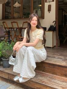 DAZY Quần jeans nữ dáng rộng chấm bi kiểu Hàn Quốc, thoải mái. - trắng - Xem 8