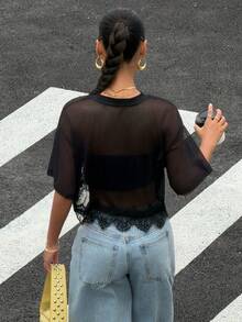 Muchica Áo croptop nữ gợi cảm, thoải mái, màu đen xuyên thấu, chất liệu lưới và ren, phối cùng áo ren. - màu đen - Xem 2