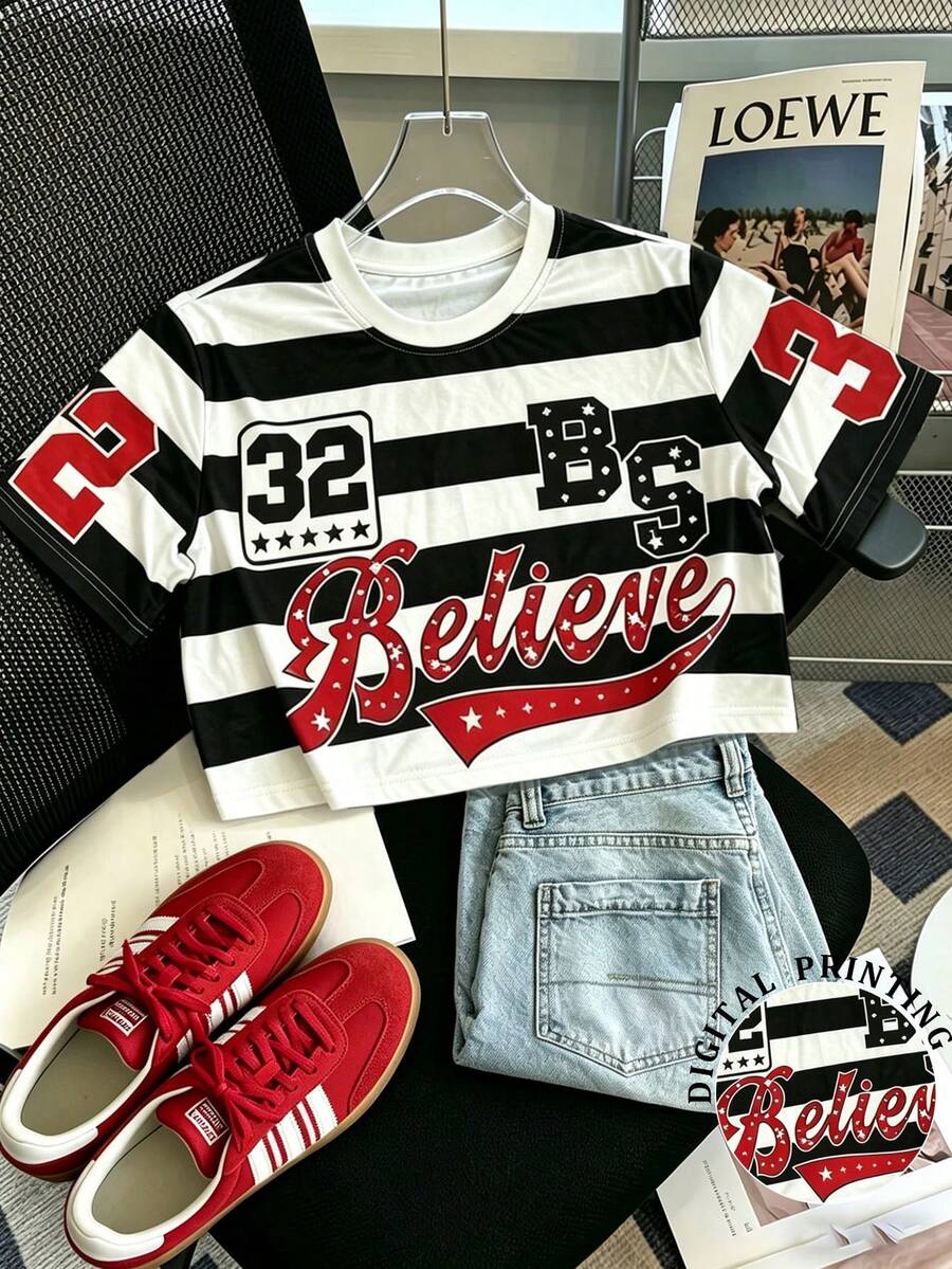 Glimmora Women's Casual Striped Letter Print Cropped T-Shirt, Summer - Multicolor - View 1