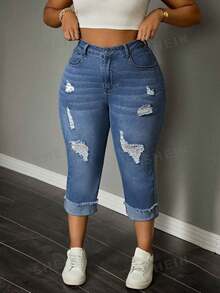SHEIN Quần Capri dáng rộng, rách gấu, đa năng, thích hợp cho mùa thu, lễ hội, quần jeans nữ, quần Capri thường ngày. - Rửa trung bình - Xem 5