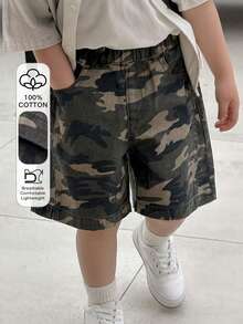 Young Boy Washed Camouflage Print Denim Shorts Summer - Army Green - View 1
