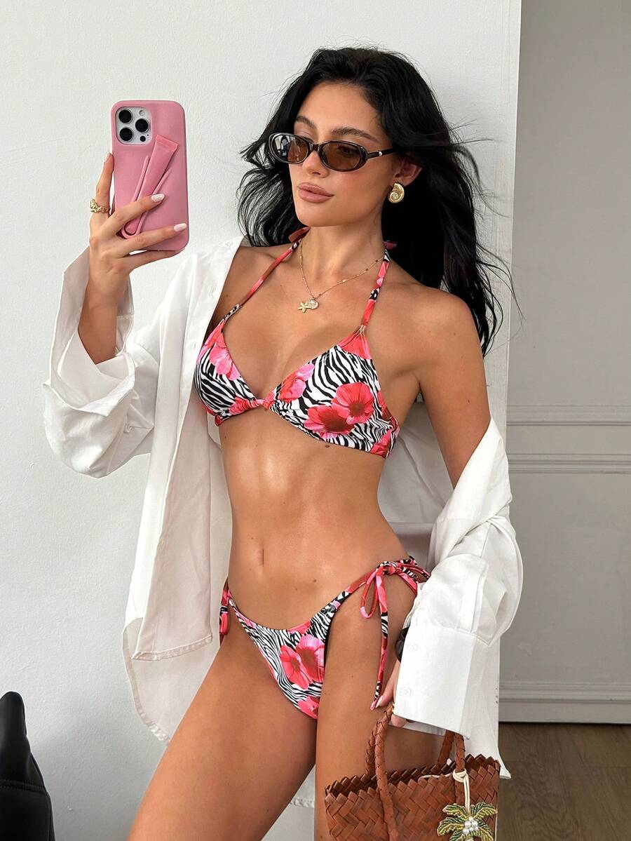 Vecteezy Bộ bikini dây buộc gợi cảm họa tiết da báo phối hoa tương phản dành cho nữ, thời trang nghỉ mát mùa hè. - Đen và trắng - Xem 1
