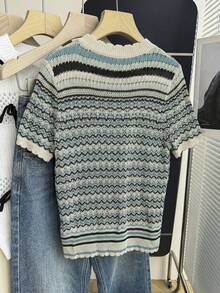 Franclia Women's Striped Short Sleeve Hollow-Out Knit Top - Multicolor - View 2