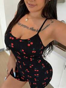 ZzzCrew Plus Size Cherry Print Criss-Cross Back Comfy Jumpsuit Pajamas - Black - View 4