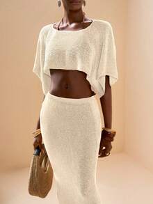 Zivah New Elegant Casual Resort Light Brown Knitted Beach Cover-Up Set - Apricot - View 4