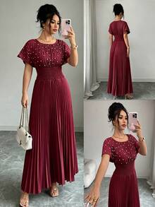 Modelyn Đầm nữ màu đỏ tía, màu trơn với họa tiết ngọc trai giả và thiết kế xếp ly, đầm chữ A tay ngắn dài đến mắt cá chân thanh lịch, thích hợp cho mùa xuân và mùa hè, phong cách nữ tính. - Màu Đỏ Sâu - Xem 5