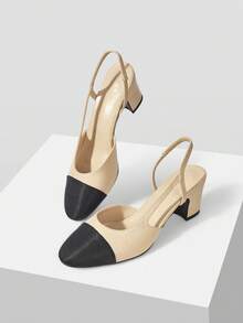 MOTF WOMEN SHOES NEW EUROPEAN AND AMERICAN STYLE SIDE AIR SPLICING ROUND TOE MEDIUM THICK HEEL SHOES, APRICOT VERSATILE, COMFORTABLE, CASUAL, ELEGANT AND FASHIONABLE CLASSIC HIGH HEELS FALL SHOES - Meat apricot - View 2