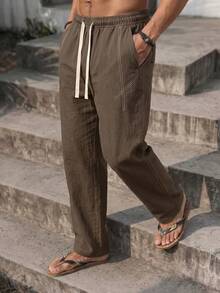 VIVINTIMO Men's Drawstring Waist Pockets Straight Loose Casual Pants - Coffee Brown - View 4