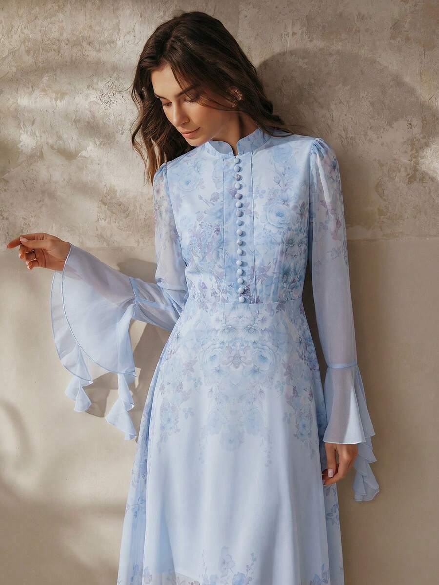 Anewsta Đầm dài tay bằng chiffon màu hồng dành cho nữ, kiểu dáng thanh lịch, lãng mạn, tinh tế và sang trọng, thích hợp cho mùa xuân/hè. - Màu xanh lam - Xem 1