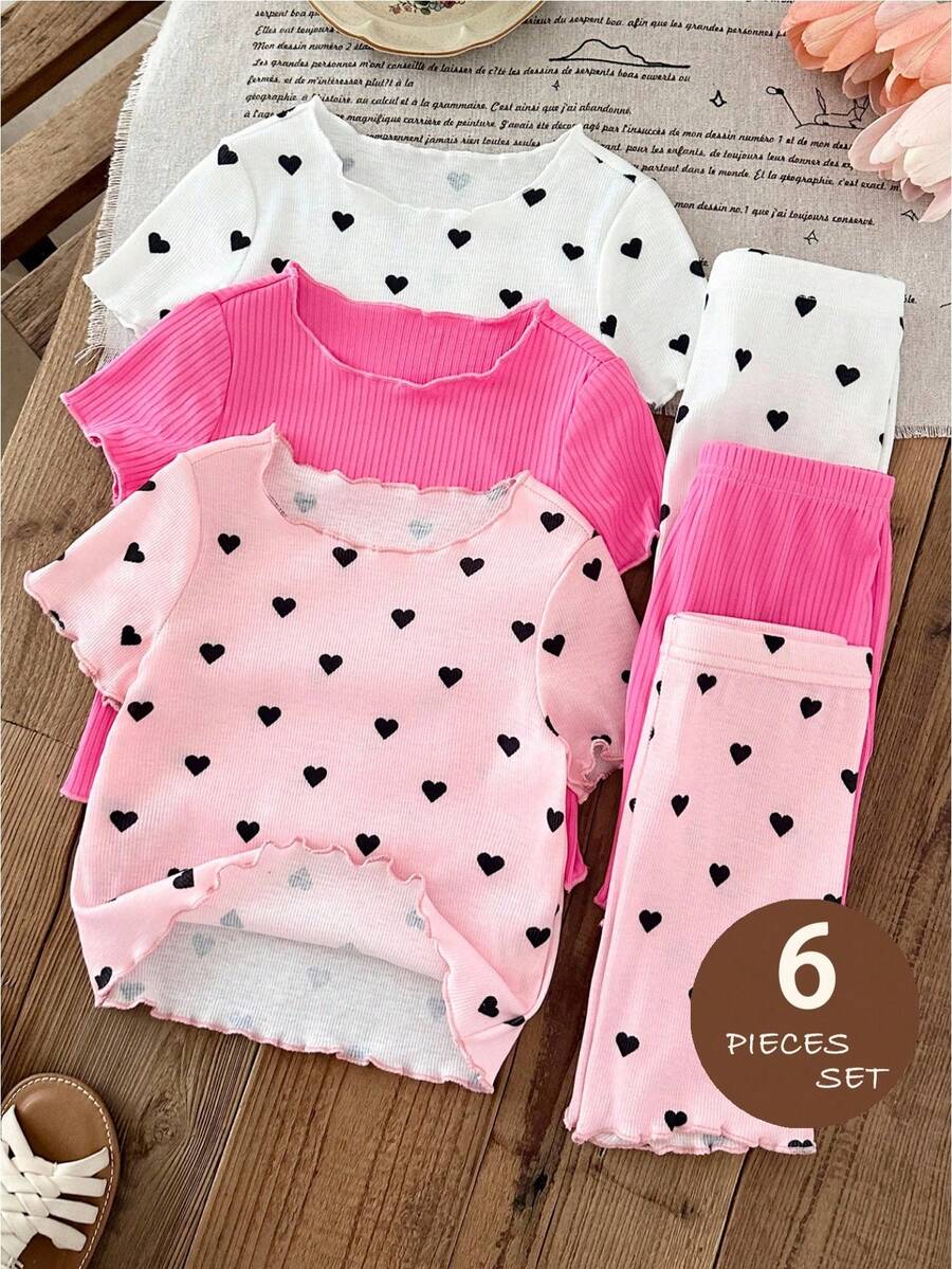 SHEIN 6pcs Baby Girl Knitted Solid Color Heart Pattern Pajama Set, Includes Top And Shorts - Multicolor - View 1