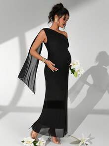 Cheriluna Maternity 优雅纯色不对称肩部孕妇摄影连衣裙 - 黑色 - 查看 7